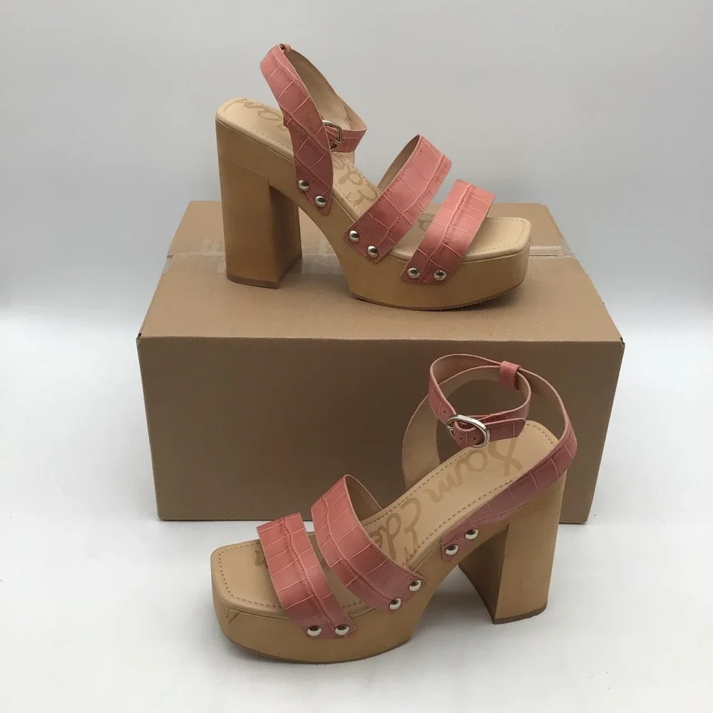 Sam Edelman Rosalind Pink Croc Leather Platform Block Heel Sandals Size 7.5M NEW